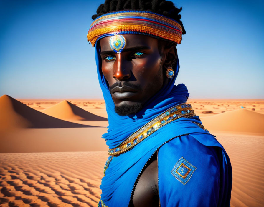 Man in Striking Blue Attire and Headband in Desert with Intense Gaze