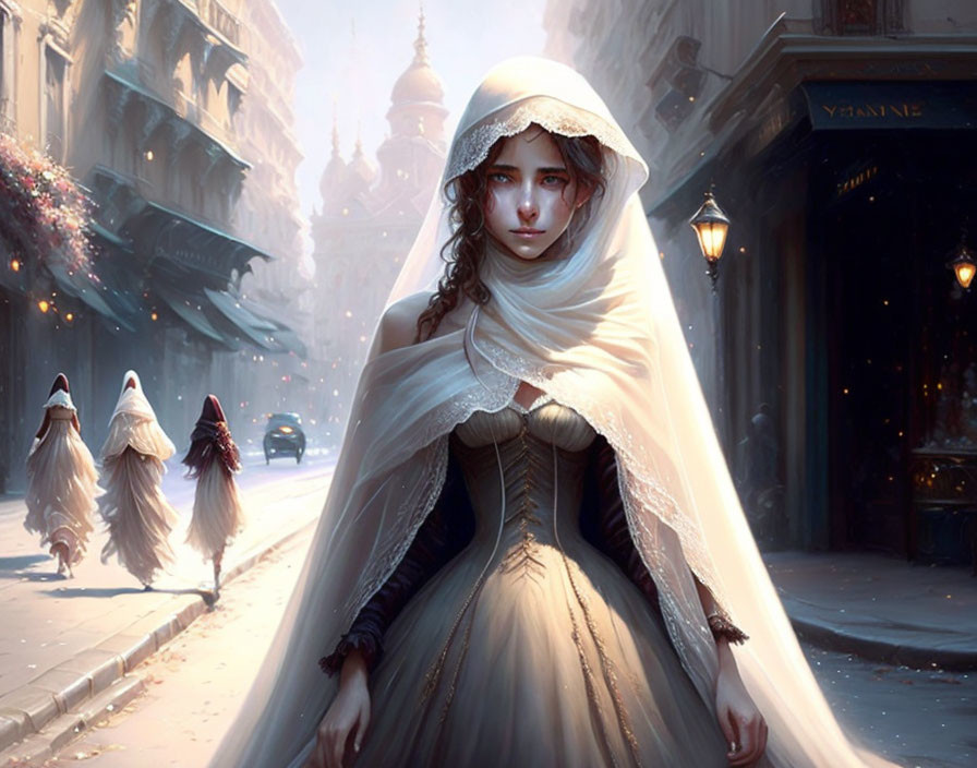 Woman in historical dress and hooded cloak on city street with cloaked figures passing by