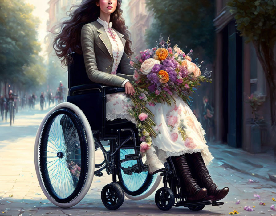 Woman in wheelchair with bouquet in city scene