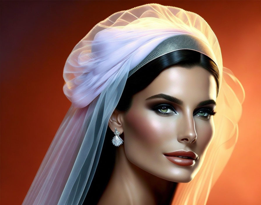 Digital portrait: Woman in white veil, striking makeup, elegant earrings on orange backdrop