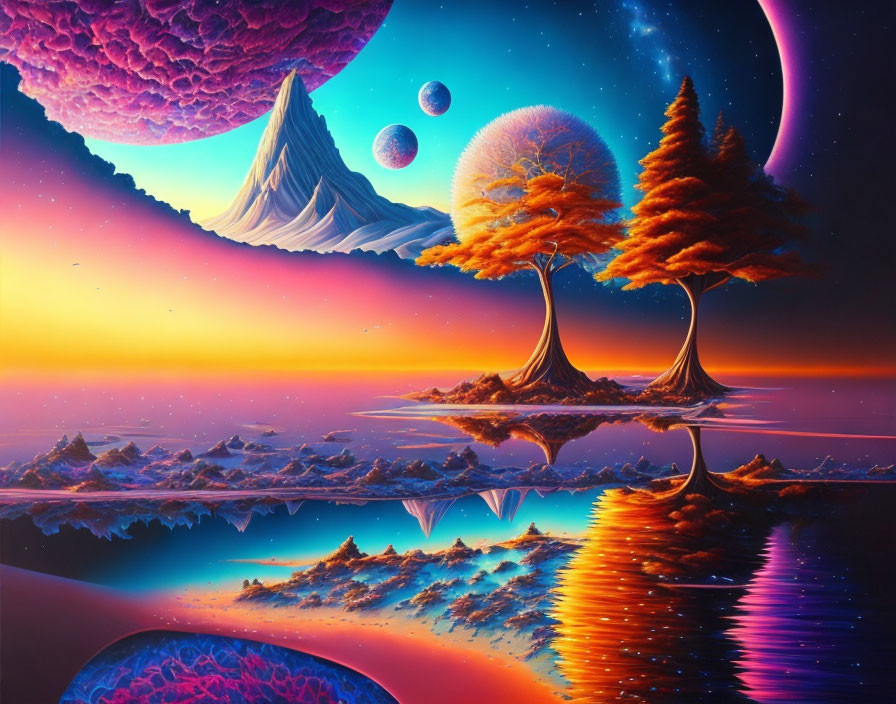 Alien landscape with fiery trees, reflective water, snow-capped mountains, floating planets, and purple