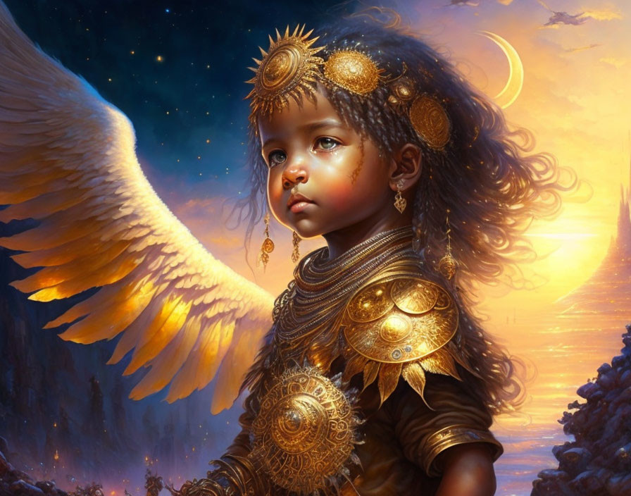 Child in gold armor with angel wings under celestial sky