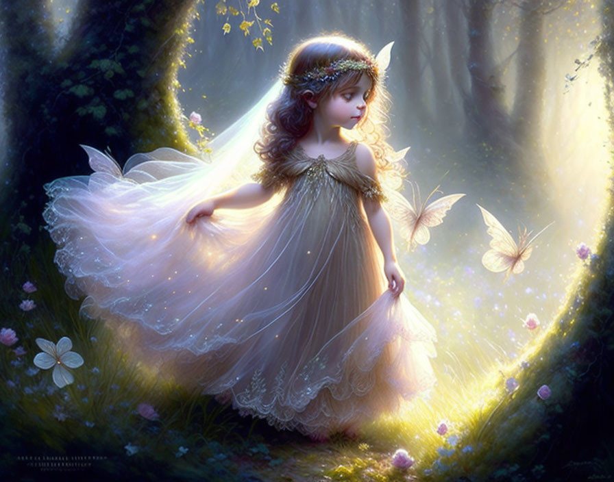 Young girl as fairy in magical forest with butterflies