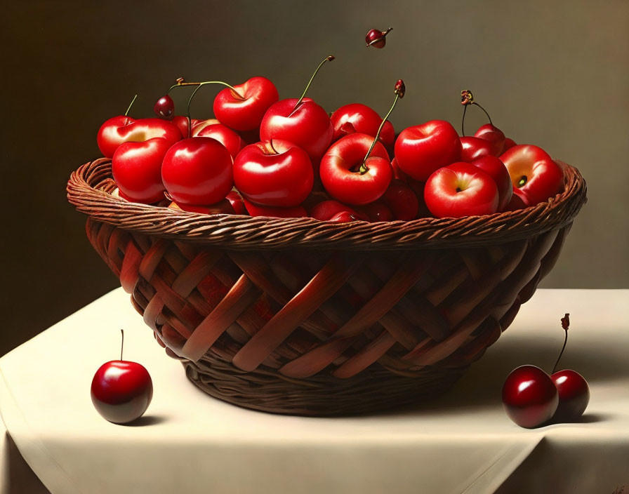 Realistic Painting of Ripe Red Cherries in Wicker Basket