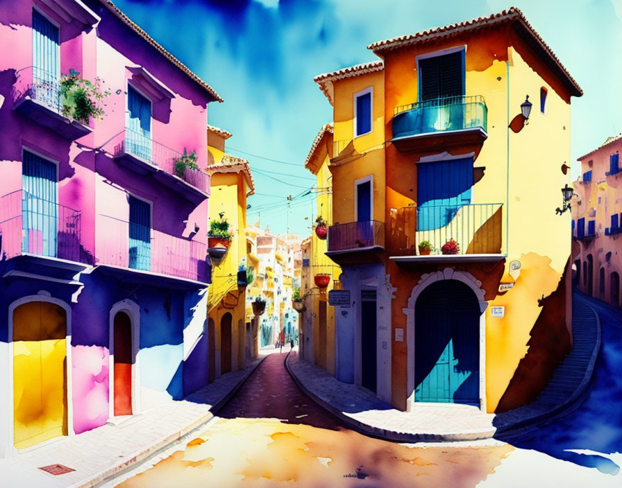 Colorful Watercolor Painting of Quaint Street Scene