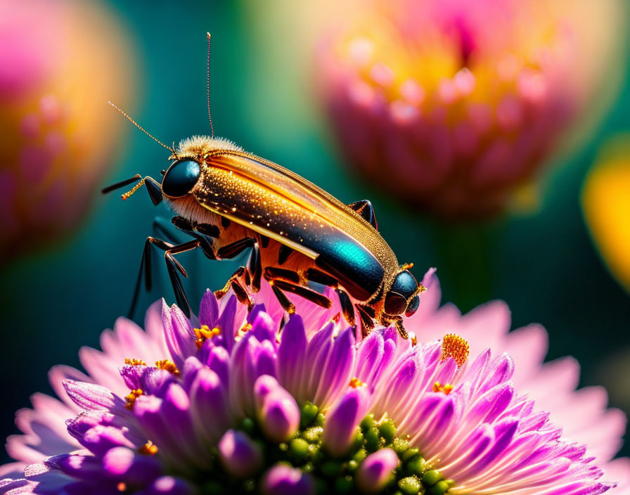 Colorful Beetle on Pink Flower with Blurred Purple Background