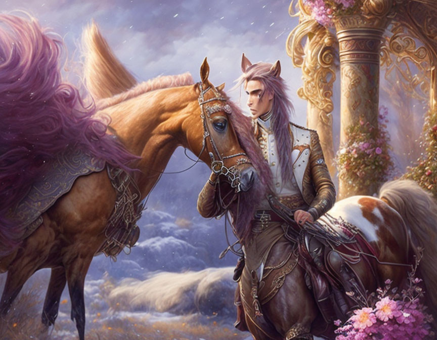 Elf with pointed ears and majestic horses in fantastical landscape