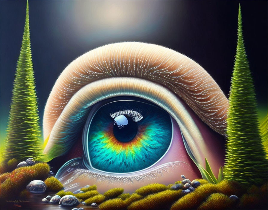 Detailed surreal illustration of giant blue eye in grassy landscape