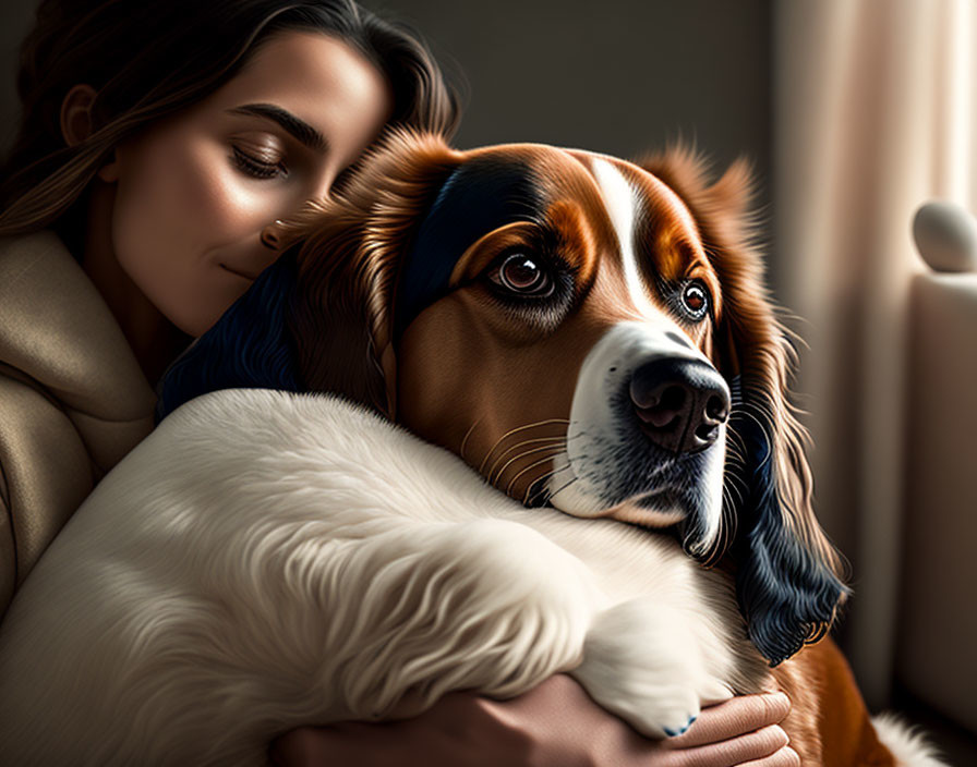 Woman in Tan Coat Embracing Brown and White Spaniel by Window