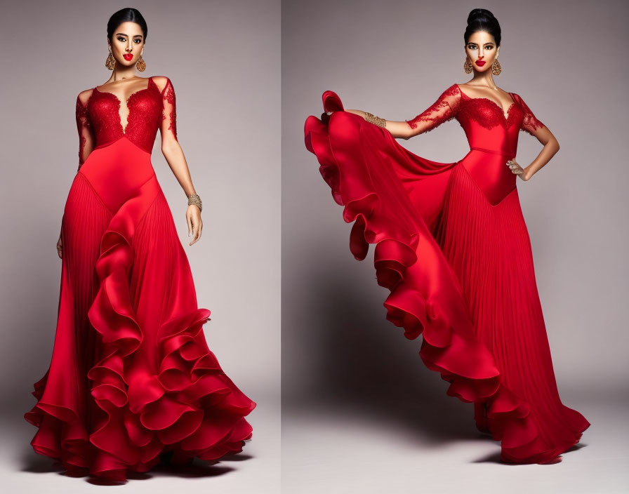 Woman in red floor-length gown with sheer detailing in two poses