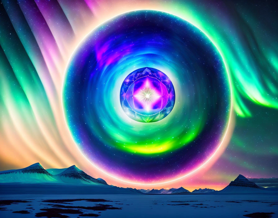 Colorful Aurora Borealis Over Snowy Arctic Landscape