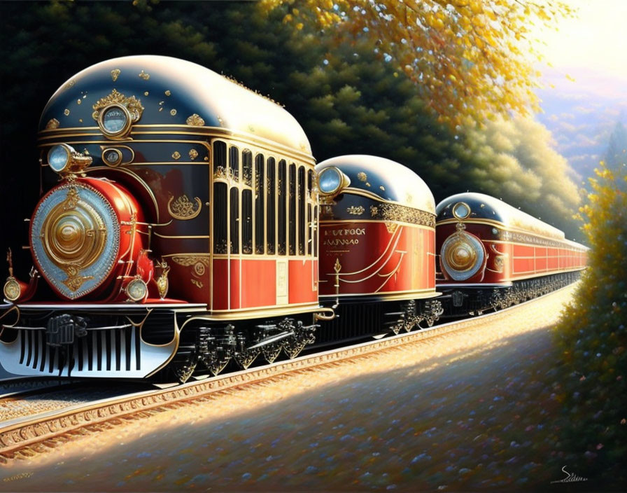 Vintage Train with Red and Gold Livery in Autumn Forest