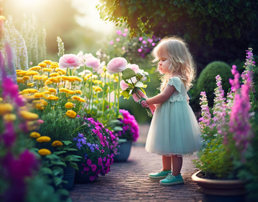 Child in Blue Dress with Potted Flowers and White Rose under Sunlight