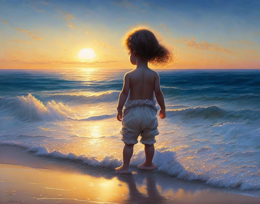 Child gazing at sunset over calm sea