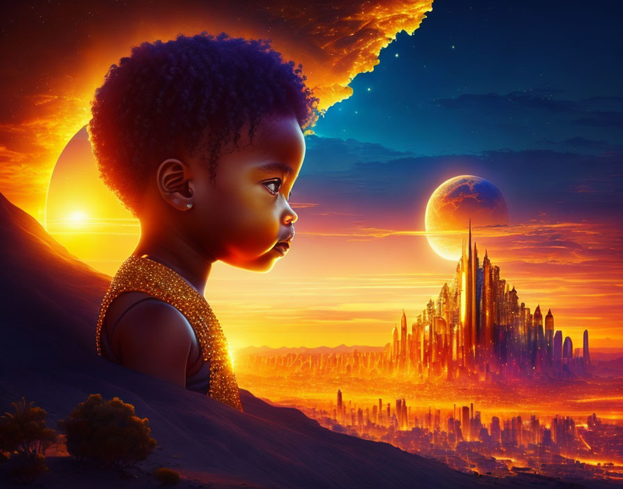 Child observing futuristic cityscape at sunset with large planets in sky