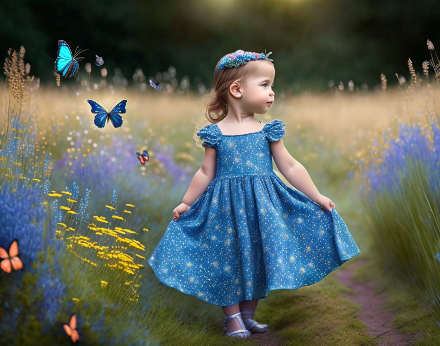 Young girl in blue dress surrounded by butterflies in lush meadow