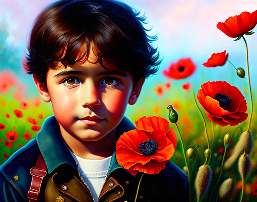 Young child with dark hair and blue eyes in vibrant poppy field