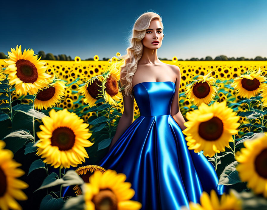 Woman in Blue Dress Surrounded by Sunflowers in Field