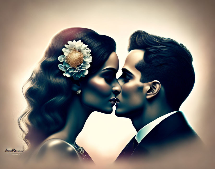 Romantic couple illustration with floral hairpiece and stylish features