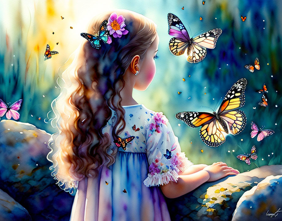 Curly-Haired Girl Watching Colorful Butterflies in Lush Garden