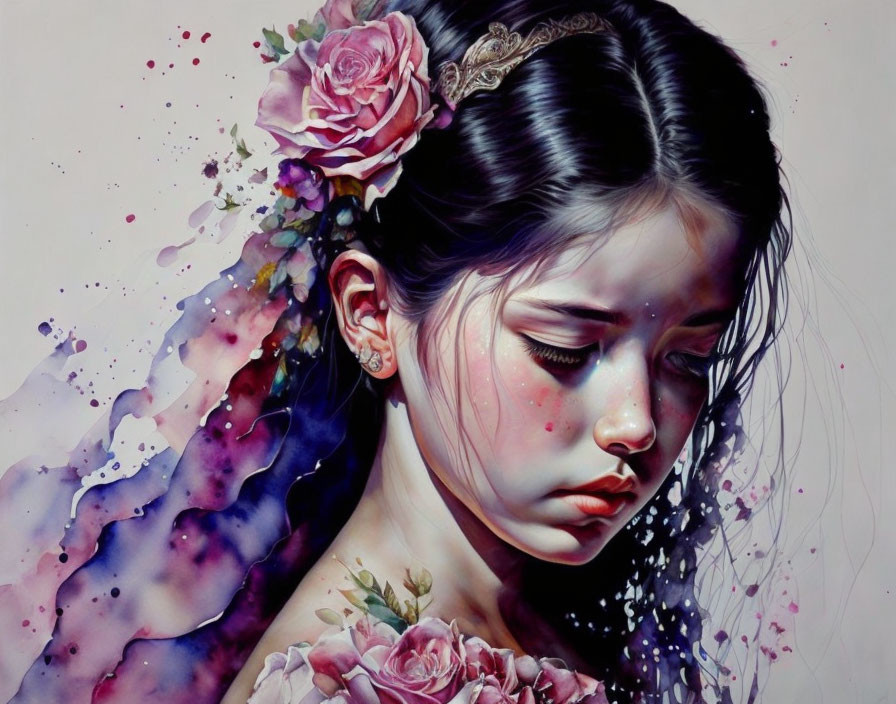 Girl with Closed Eyes Adorned with Roses in Watercolor Art