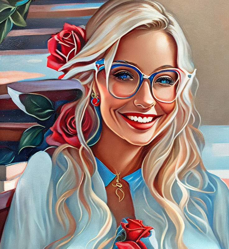 Blonde woman with blue glasses and floral backdrop