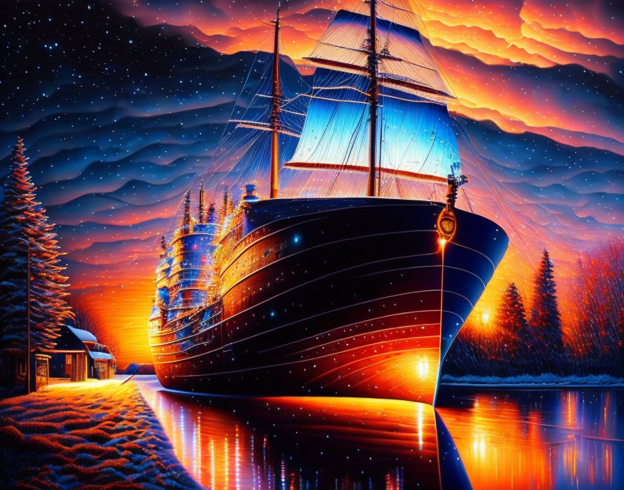 Nighttime scene of tall ship by calm river under starry sky and orange clouds, surrounded by snowy