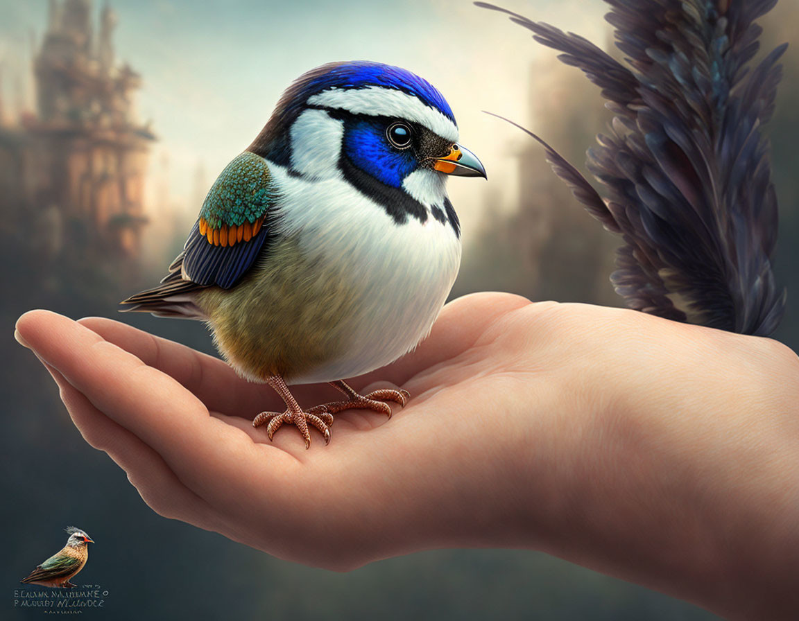 Colorful fantastical bird on human hand with mystical landscape