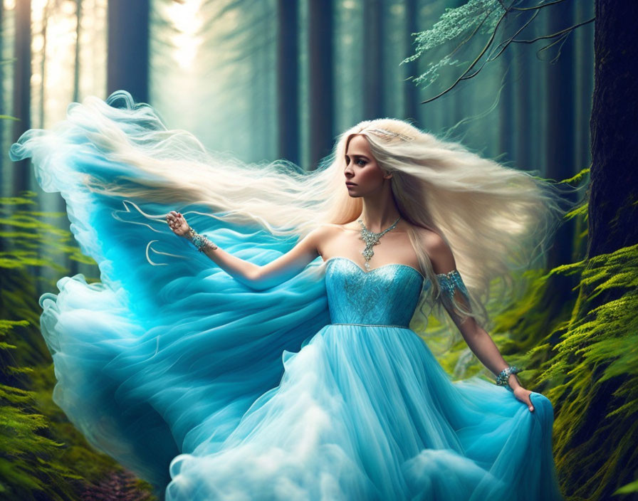 Woman in flowing blue gown with long, wavy hair in mystical forest