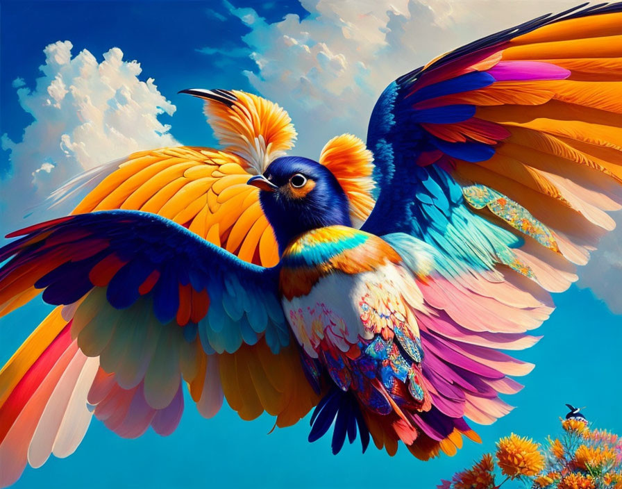 Colorful Stylized Bird Soaring in Blue Sky with Flora