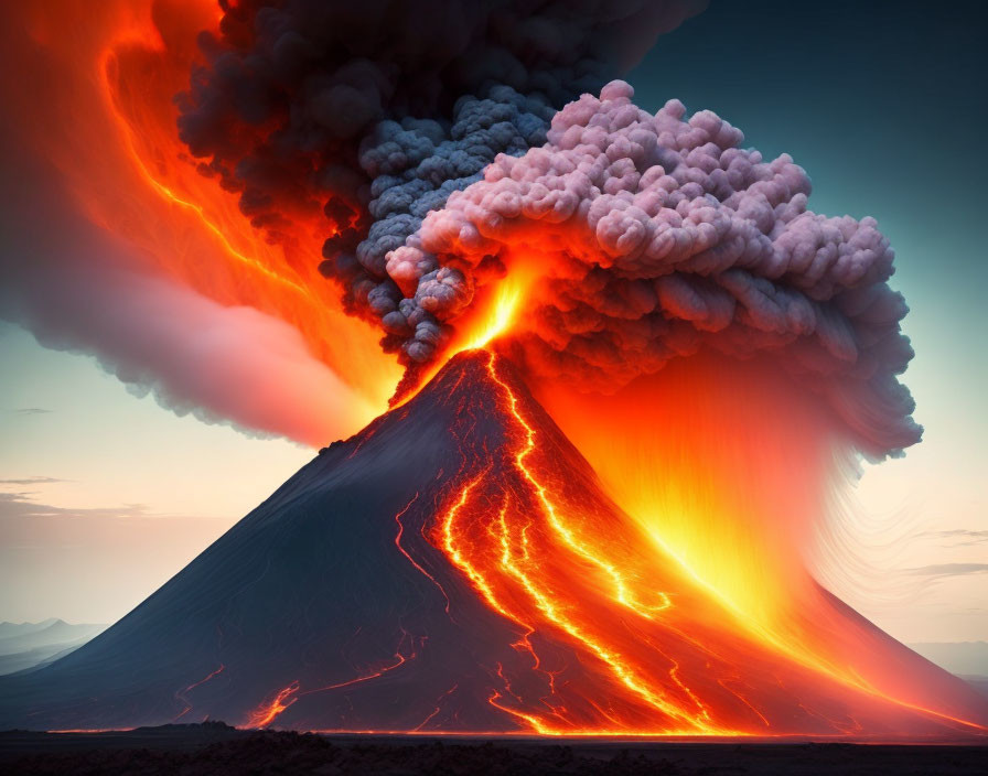 Vibrant red lava flows under colossal ash cloud in dramatic volcanic eruption