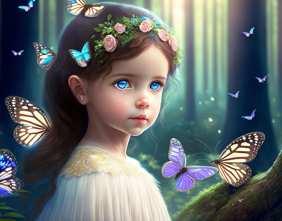 Digital artwork: Young girl with floral crown, butterflies, and enchanted forest.