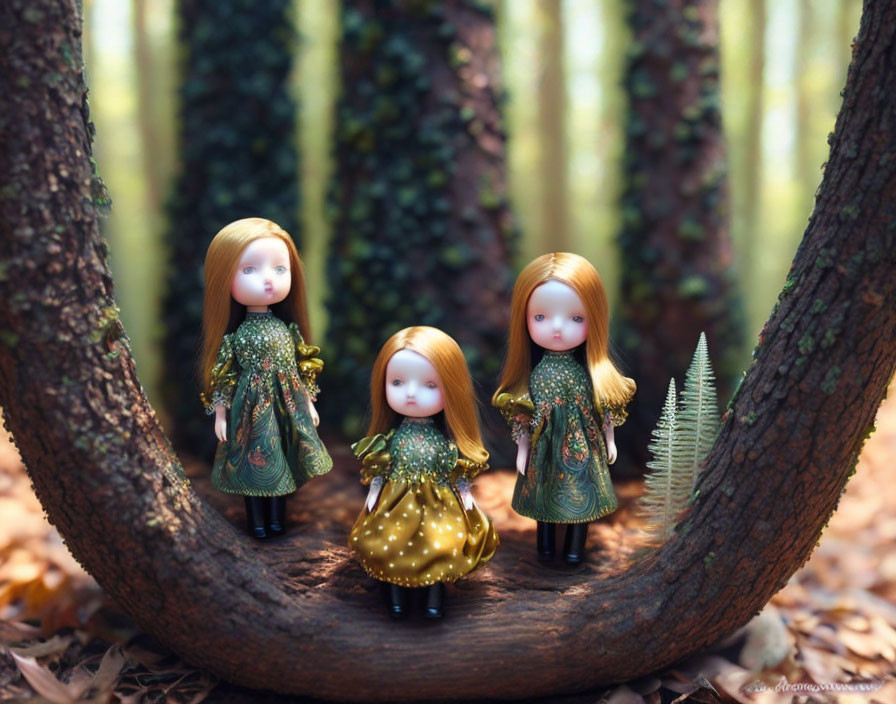 Four long-haired dolls in patterned dresses among trees in forest with fern leaf.