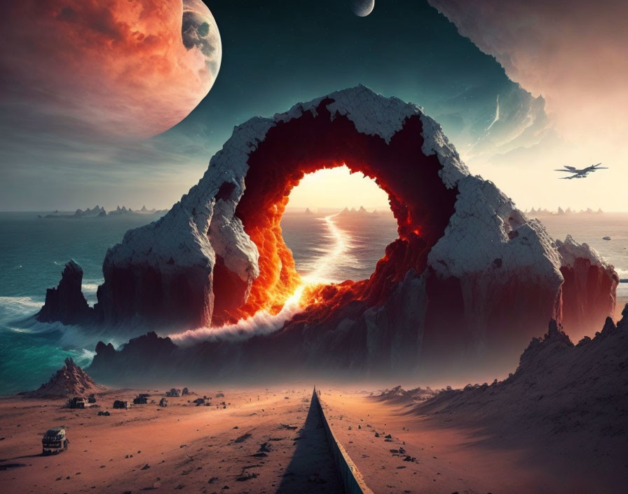 Surreal landscape with lava arch, icy terrain, moon, planet, and spacecraft