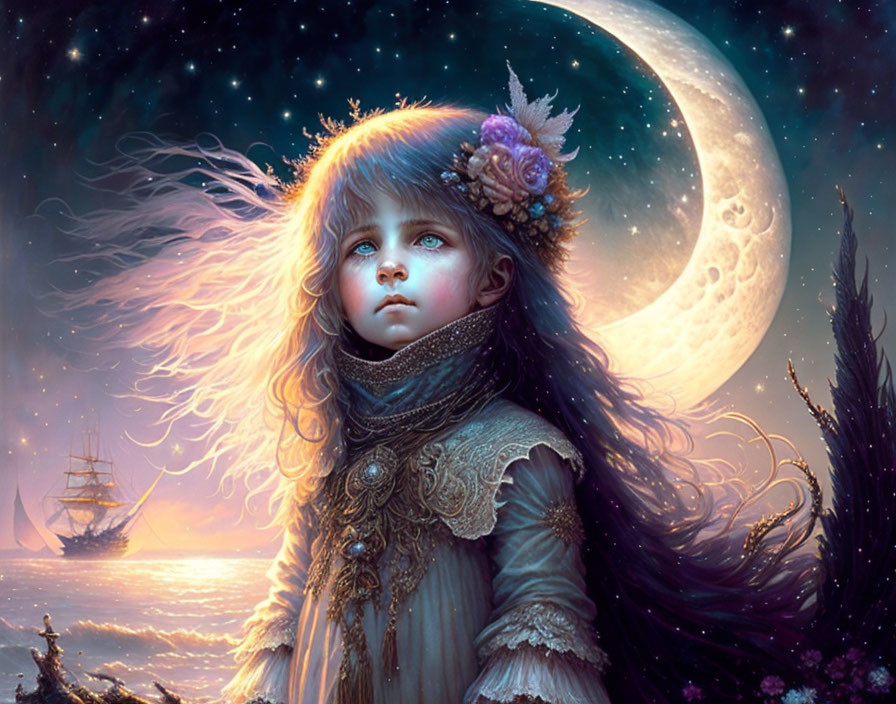 Young girl with blue eyes in Victorian dress under crescent moon.