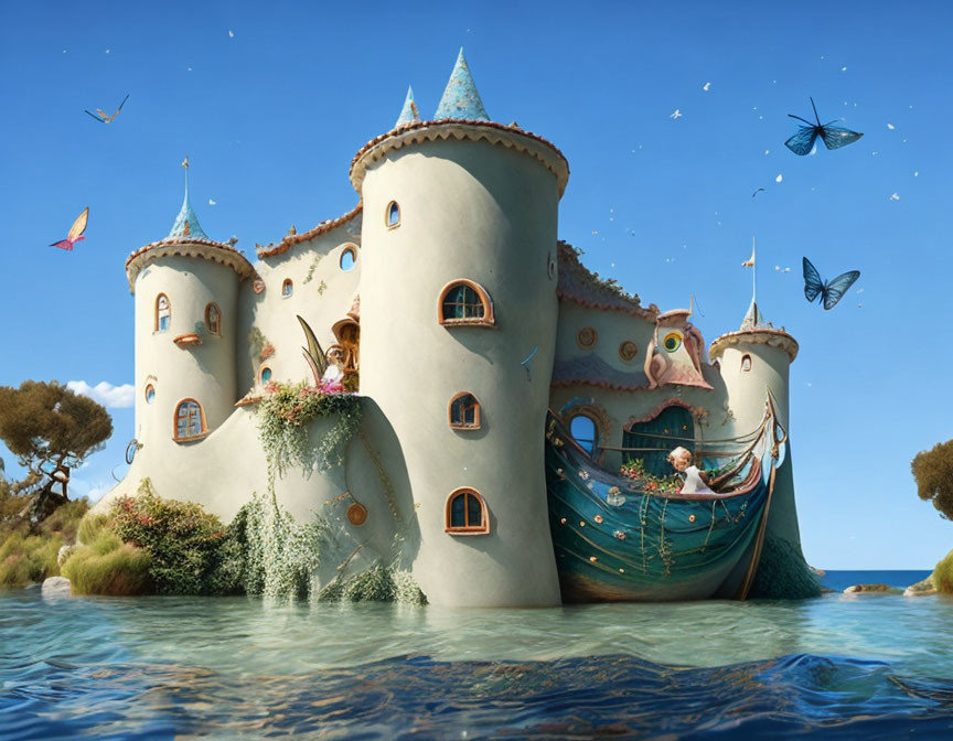 Fairytale castle with conical towers and hanging gardens surrounded by water