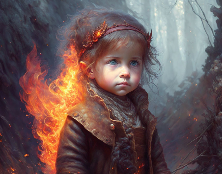 Young child with crown in misty woods with flames - Fantasy illustration