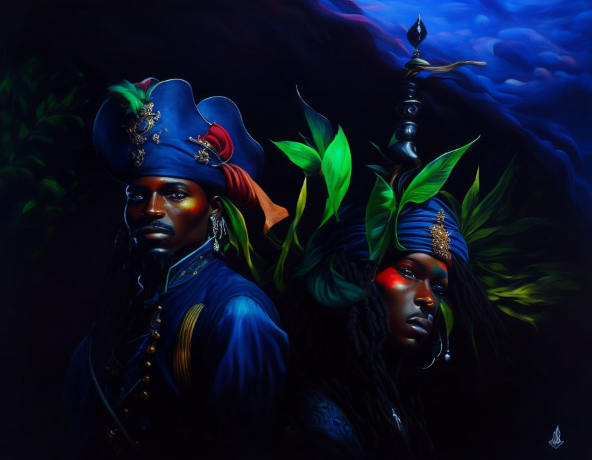 Stylized individuals in ornate pirate attire against dark, cloud-swirled backdrop