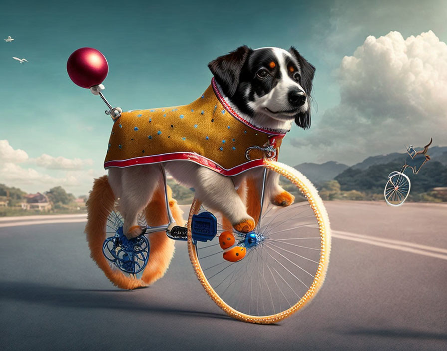 Dog with humanoid body on unicycle balancing red ball on stick