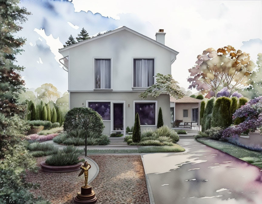 Digital artwork featuring two-story house, garden, pathway, water fountain, and cloudy sky.