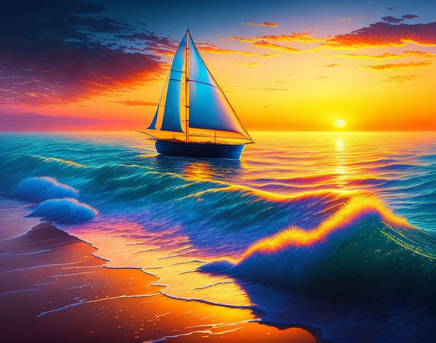 Colorful sailboat sailing on ocean waves at sunset