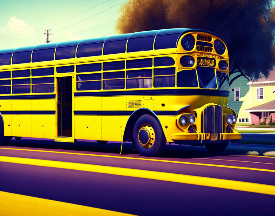 Yellow school bus with chrome detailing drives down suburban street.