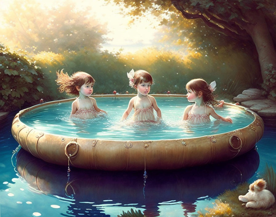 Three fairy-like girls in inflatable pool with lush greenery and dog