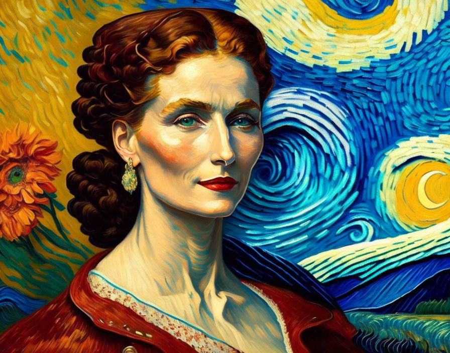 Classic-featured woman portrait with sunflower on Van Gogh-style blue background