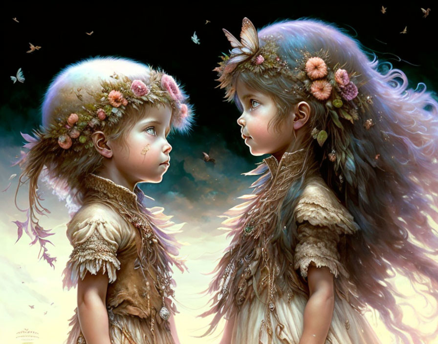 Illustrated girls with floral hats in whimsical night sky