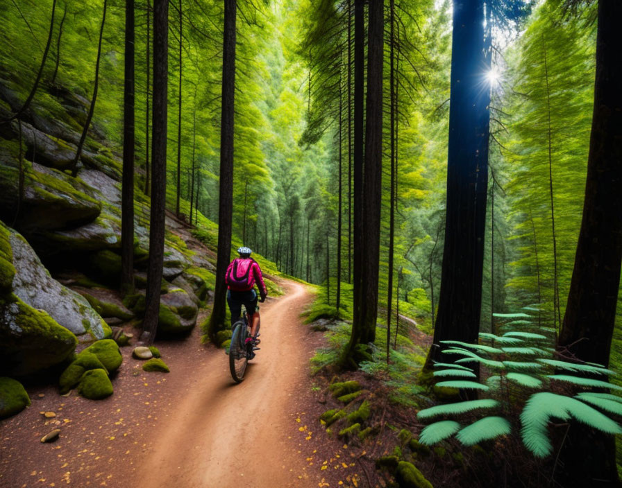 Pink-clad cyclist on mountain bike in forest trail with sunlight and rocky formations