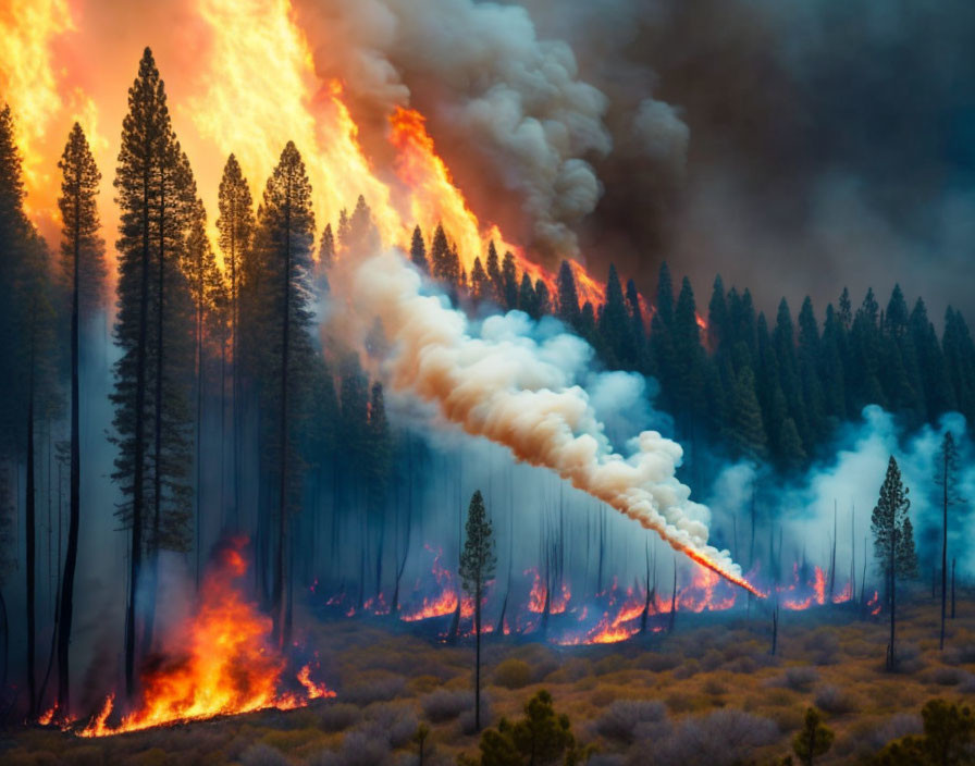 Intense forest fire with tall flames and thick smoke under hazy sky