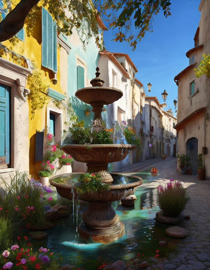 Colorful Cobblestone Street with Vibrant Houses and Fountain