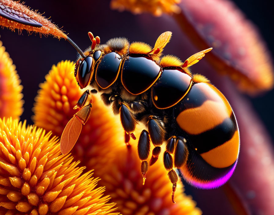 Shiny Black and Yellow Striped Bee on Orange Flowers