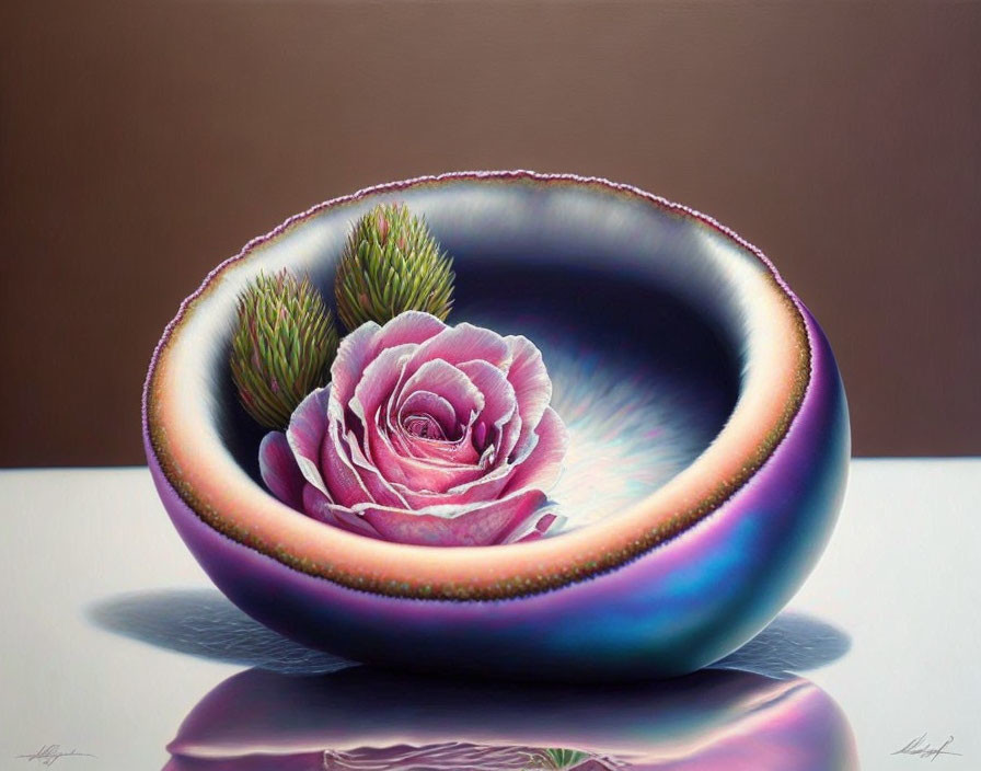 Surreal painting: Bowl with iridescent edges, rose, pinecones on reflective background